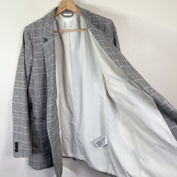 H&M Double-Breasted Black And White Career Long Line Plaid Blazer - Picture 12 of 15